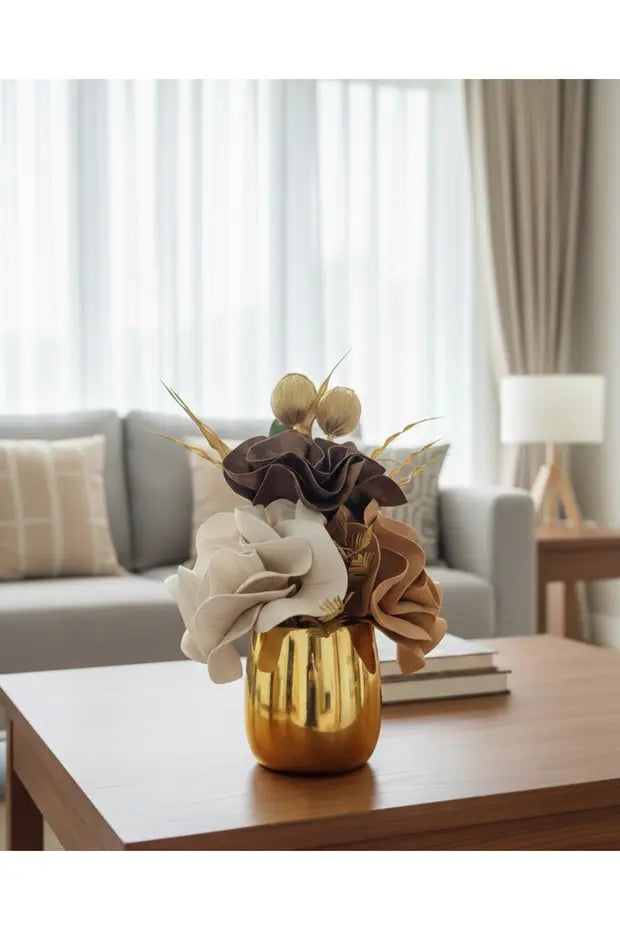 GOLD Pirinç Vazo ve Yapay Çiçekli Aranjman - Modern Salon Dekoru