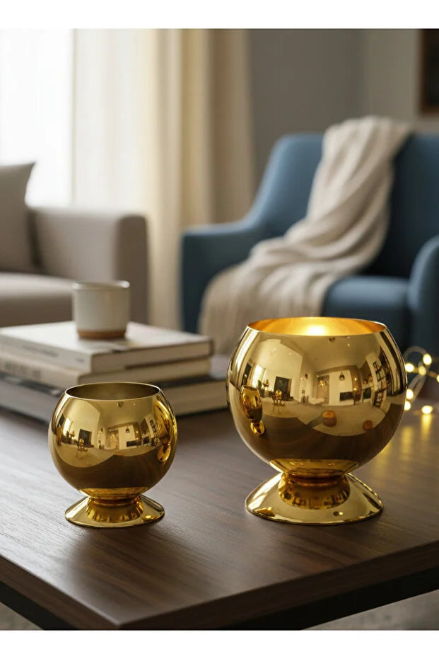 Gold Metal Vazo & Dekoratif Obje Seti 2'li El İşçiliği GOLD Kaideli Modern Sunum Kasesi/MUMLUK