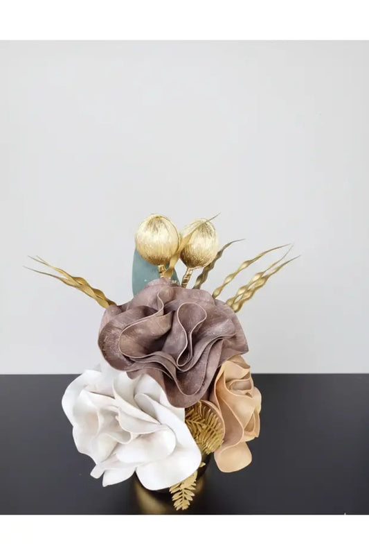 GOLD Pirinç Vazo ve Yapay Çiçekli Aranjman - Modern Salon Dekoru