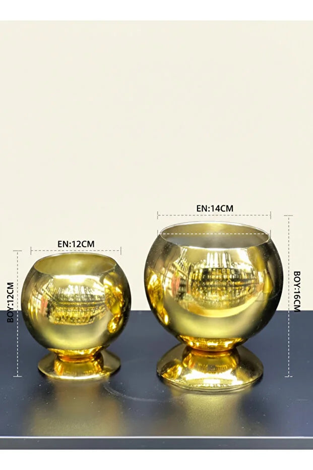 Gold Metal Vazo & Dekoratif Obje Seti 2'li El İşçiliği GOLD Kaideli Modern Sunum Kasesi/MUMLUK